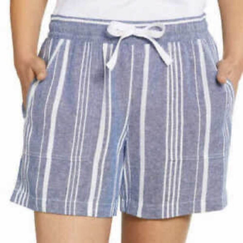 Nautica Size Medium Linen Blend Striped Blue White Shorts, Nautical, Tie Waist